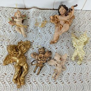Lot 0f 7 Different Cherub Angel Ornaments - Cream/Gold Colors